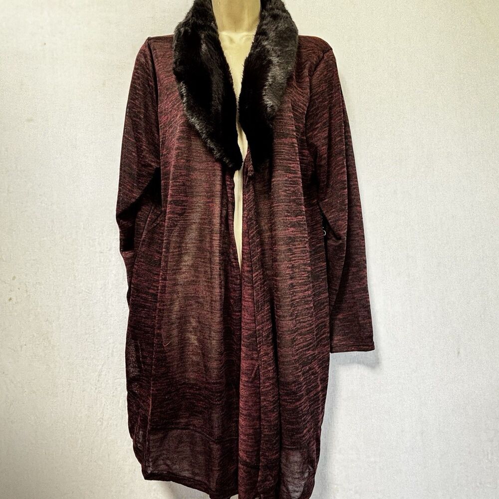 French Laundry 1X Maroon Open Front Cardigan Faux Fur Shawl Collar NWT